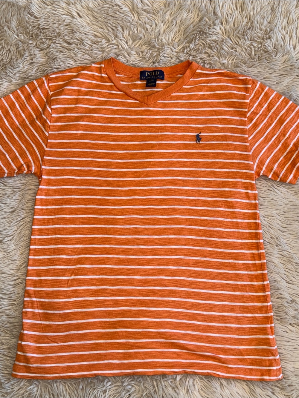 🏇Polo by Ralph Lauren Orange & White Striped Short Sleeve Tee Medium 10-12